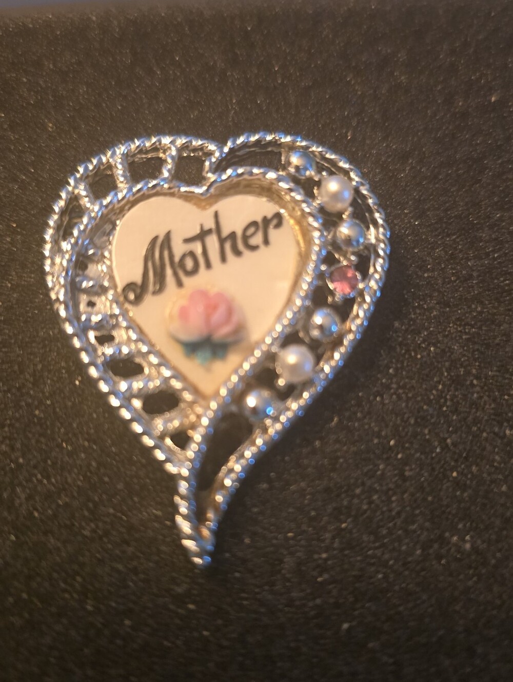 Vintage Celluloid Rose Mother Of Pearl Gold Tone Mother Heart Brooch Pin